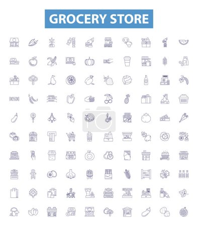 Illustration for Grocery store line icons, signs set. Collection of Grocery, Store, Supermarket, Provisions, Fruits, Vegetables, Dairy, Meat, Bakery outline vector illustrations. - Royalty Free Image
