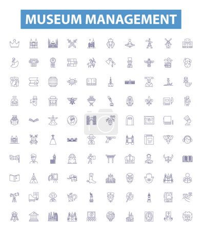 Illustration for Museum management line icons, signs set. Collection of Curating, Exhibiting, Preserving, Fundraising, Financing, Acquisitions, Donations, Cataloguing, Security outline vector illustrations. - Royalty Free Image