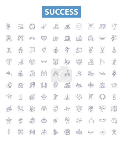 Illustration for Success line icons, signs set. Collection of Achieve, Triumph, Prosper, Accomplish, Victory, Winning, Excelling, Flourish, Advance outline vector illustrations. - Royalty Free Image