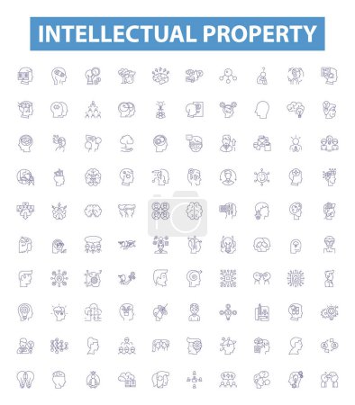 Illustration for Intellectual property line icons, signs set. Collection of IP, Inventions, Patents, Trademarks, Copyright, Infrastructure, Ideas, Know-how, Licensing outline vector illustrations. - Royalty Free Image