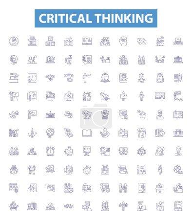 Illustration for Critical thinking line icons, signs set. Collection of Analyzing, Evaluating, Reasoning, Inferring, Investigating, Synthesizing, Interpreting, Conceptualizing, Deductive outline vector illustrations. - Royalty Free Image