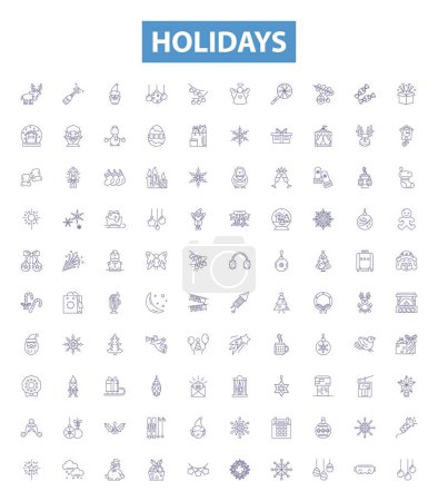 Illustration for Holidays line icons, signs set. Collection of Vacation, Festive, Trip, Break, Celebratory, Restful, Fun, Joyful, Retreat outline vector illustrations. - Royalty Free Image