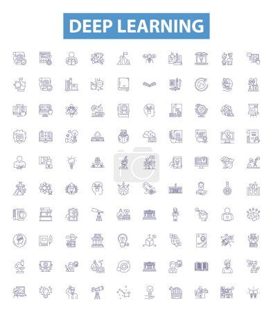 Illustration for Deep learning line icons, signs set. Collection of Deep learning, Neural networks, Machine learning, Backpropagation, CNN, NLP, AI, Reinforcement learning, Automation outline vector illustrations. - Royalty Free Image