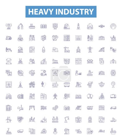 Illustration for Heavy industry line icons, signs set. Collection of Manufacturing, Fabrication, Machining, Mining, Metallurgy, Automation, Robotics, Steelmaking, Smelting outline vector illustrations. - Royalty Free Image