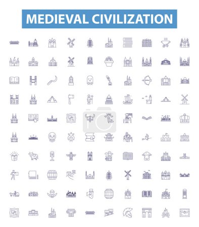 Illustration for Medieval civilization line icons, signs set. Collection of Medieval, Civilization, History, Middle Ages, Knights, Peasants, Feudalism, Architecture,Religion outline vector illustrations. - Royalty Free Image