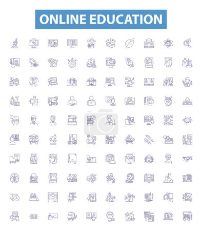 Illustration for Online education line icons, signs set. Collection of eLearning, Remote, Distance, Teaching, Studying, Webinars, Courses, Schools, Platforms outline vector illustrations. - Royalty Free Image