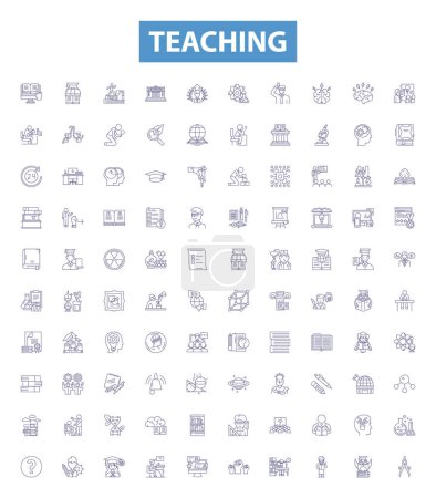 Illustration for Teaching line icons, signs set. Collection of Instructing, Educating, Tutoring, Guiding, Coaching, Mentoring, Schooling, Directing, Training outline vector illustrations. - Royalty Free Image
