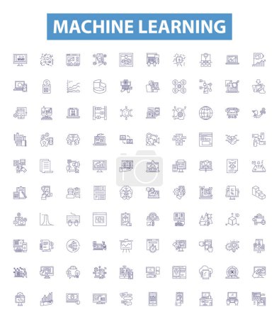 Maschinenlernzeilensymbole, Zeichen gesetzt. Sammlung von Maschinen, Intelligenz, Neuronen, Intelligenz, Algorithmen, Vorhersage, Modellierung von Umrissvektordarstellungen, Künstliches Lernen.