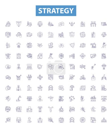 Illustration for Strategy line icons, signs set. Collection of Planning, Method, Tactics, Scheme, Design, Goal, Intention, Aim, Blueprint outline vector illustrations. - Royalty Free Image