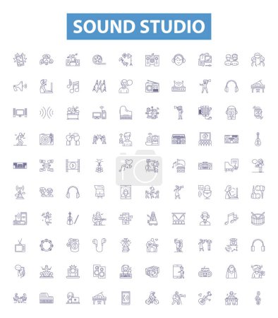 Illustration for Sound studio line icons, signs set. Collection of Recording, Mixing, Music, Soundstage, Microphone, Producer, Audio, Broadcast, Mastering outline vector illustrations. - Royalty Free Image