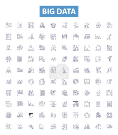 Illustration for Big data line icons, signs set. Collection of Analytics, Storage, Predictive, Mining, Hadoop, Cloud, AI, Processing, Streaming outline vector illustrations. - Royalty Free Image