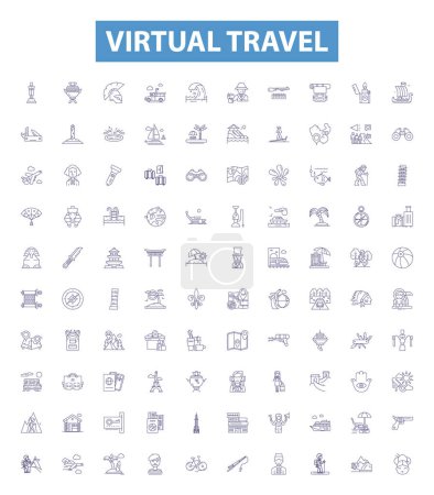 Illustration for Virtual travel line icons, signs set. Collection of Virtual, Travel, Tour, Explore, Journey, Fly, Sightseeing, Experience, View outline vector illustrations. - Royalty Free Image