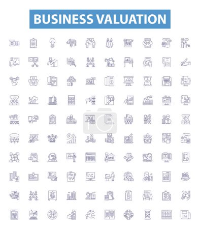 Illustration for Business valuation line icons, signs set. Collection of Valuation, Business, Asset, Liability, Cashflow, Equity, Profit, Market, Risk outline vector illustrations. - Royalty Free Image