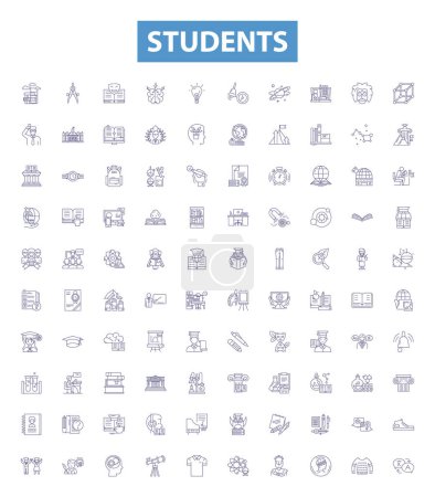 Téléchargez les illustrations : Les élèves alignent des icônes, des pancartes. Collection d "étudiants, d'apprenants, d" élèves, d "éducateurs, d" érudits, d'académiciens, de campus, de salles de classe, d'accomplisseurs esquisse des illustrations vectorielles. - en licence libre de droit