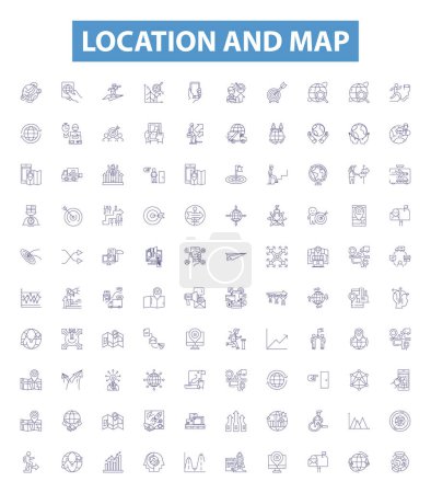 Illustration for Location and map line icons, signs set. Collection of Map, Location, Geographic, Geography, Chart, Plot, Image, Position, Point outline vector illustrations. - Royalty Free Image