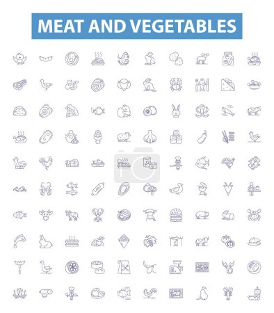 Illustration for Meat and vegetables line icons, signs set. Collection of meat, vegetables, protein, nutrition, diet, health, wellness, cooking, grilling outline vector illustrations. - Royalty Free Image