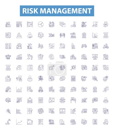 Illustration for Risk management line icons, signs set. Collection of Risk, Management, Planning, Analysis, Assessment, Mitigation, Evaluation, Control, Strategy outline vector illustrations. - Royalty Free Image