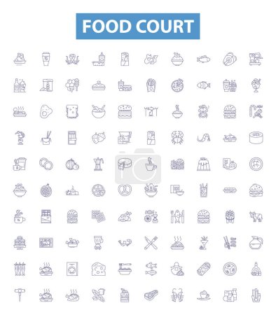Food court line icons, signs set. Collection of Cafeteria, Eateries, Canteen, Bistro, Delicatessen, Bistro, Grill, Kiosk, Restaurants outline vector illustrations. mug #645278534