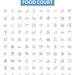 Food court line icons, signs set. Collection of Cafeteria, Eateries, Canteen, Bistro, Delicatessen, Bistro, Grill, Kiosk, Restaurants outline vector illustrations.