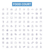 Food court line icons, signs set. Collection of Cafeteria, Eateries, Canteen, Bistro, Delicatessen, Bistro, Grill, Kiosk, Restaurants outline vector illustrations. Poster #645278534