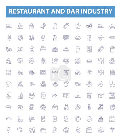 Illustration for Restaurant and bar industry line icons, signs set. Collection of Restaurant, Bar, Industry, Dining, Cuisine, Meal, Food, Service, Patrons outline vector illustrations. - Royalty Free Image