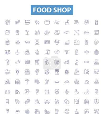 Illustration for Food shop line icons, signs set. Collection of Takeaway, Delicatessen, Pantry, Grocery, Bistro, Restaurant, Diner, Eatery, Cafe outline vector illustrations. - Royalty Free Image