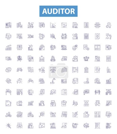Illustration for Auditor line icons, signs set. Collection of Auditor, Assessor, Examiner, Inspector, Analyzer, Reviewer, Checker, Evaluator, Verifier outline vector illustrations. - Royalty Free Image