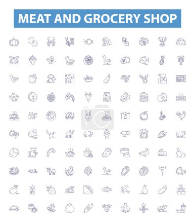 Illustration for Meat and grocery shop line icons, signs set. Collection of Butcher, Grocery, Deli, Poultry, Lamb, Beef, Pork, Sausage, Cuts outline vector illustrations. - Royalty Free Image