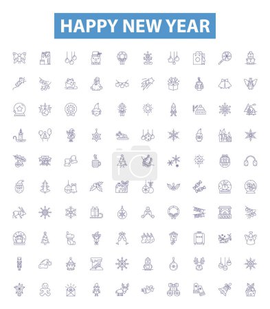Illustration for Happy new year line icons, signs set. Collection of Glad, Joyous, Cheerful, Merry, Festive, Blessing, Jubilant, Optimistic, Delightful outline vector illustrations. - Royalty Free Image
