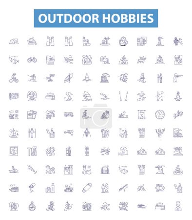 Illustration for Outdoor hobbies line icons, signs set. Collection of Hiking, Camping, Fishing, Hunting, Climbing, Kayaking, Canoeing, Surfing, Swimming outline vector illustrations. - Royalty Free Image