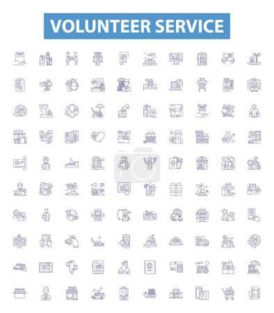 Illustration for Volunteer service line icons, signs set. Collection of Volunteering, Service, Helping, Donating, participating, aiding, assisting, sharing, contributing outline vector illustrations. - Royalty Free Image