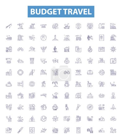 Illustration for Budget travel line icons, signs set. Collection of Cheap, Budget, Affordable, Frugal, Economy, Discount, Pursue, Thrifty, Save outline vector illustrations. - Royalty Free Image