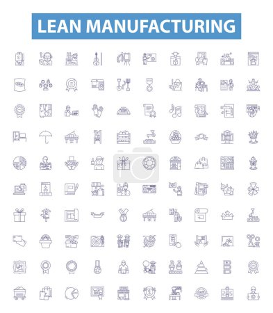 Illustration for Lean manufacturing line icons, signs set. Collection of Six Sigma, Lean, Kaizen, JIT, TPS, Kanban, 5S, Visual Management, Heijunka outline vector illustrations. - Royalty Free Image