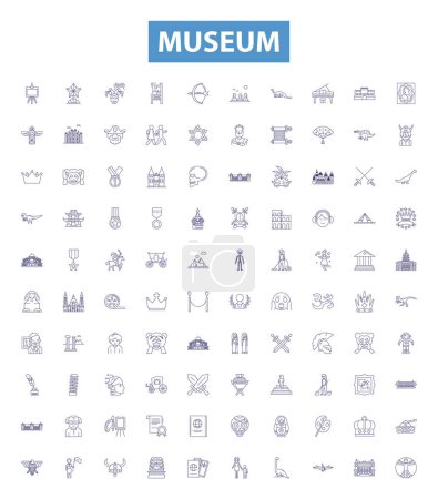 Illustration for Museum line icons, signs set. Collection of Gallery, Monument, Archive, Exhibit, Collection, Obelisk, Exhibition, Relics, Showcase outline vector illustrations. - Royalty Free Image