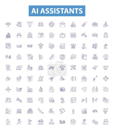 Illustration for Ai assistants line icons, signs set. Collection of AI, assistants, assistants, Alexa, Siri, Cortana, Google, Home, Skyvi outline vector illustrations. - Royalty Free Image