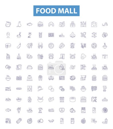 Illustration for Food mall line icons, signs set. Collection of Eatery, Gastronomy, Canteen, Cuisine, Gourmand, Bistro, Galley, Foodcourt, Fare outline vector illustrations. - Royalty Free Image