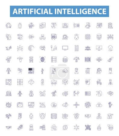 Iconos de línea de inteligencia artificial, letreros listos. Recopilación de IA, robótica, aprendizaje automático, automatización, algoritmos, computación, procesamiento del lenguaje natural, sistemas expertos, análisis predictivo