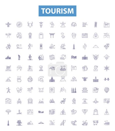 Illustration for Tourism line icons, signs set. Collection of Travel, Sightseeing, Holiday, Vacation, Adventure, Hotels, Exploring, Trips, Excursions outline vector illustrations. - Royalty Free Image