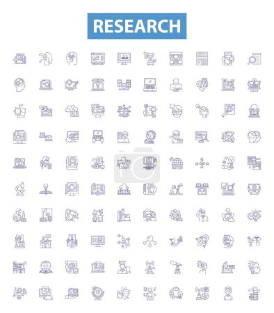 Illustration for Research line icons, signs set. Collection of Investigate, Analyze, Probe, Study, Examine, Assess, Explore, Investigate, Scrutinize outline vector illustrations. - Royalty Free Image