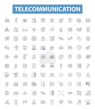 Illustration for Telecommunication line icons, signs set. Collection of Telecom, Networking, Communication, Transmission, Wireless, VoIP, Radio, Antenna, Microwave outline vector illustrations. - Royalty Free Image
