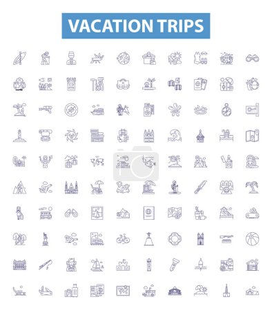 Ilustración de Iconos de línea de viajes de vacaciones, signos establecidos. Colección de Vacaciones, Excursiones, Viajes, Escapadas, Retiros, Turismo, Viajes, Roaming, Viajes esbozan ilustraciones vectoriales. - Imagen libre de derechos