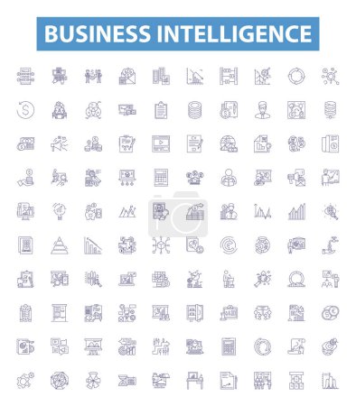 Business intelligence line icons, signs set. Collection of Analytics, Data, Processing, Report, Dashboard, Consultancy, Strategy, Visualization, Automation outline vector illustrations.
