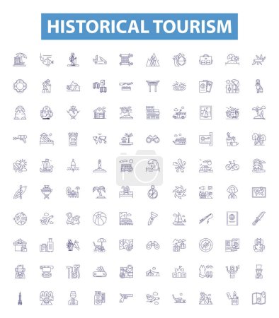 Illustration for Historical tourism line icons, signs set. Collection of Heritage, cultural, antiquities, monuments, ruins, sites, Landmarks, ancient, journeys outline vector illustrations. - Royalty Free Image