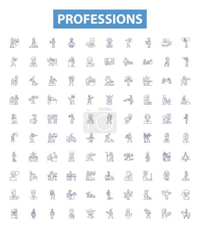 Illustration for Professions line icons, signs set. Collection of Job, Craft, Occupation, Profession, Vocation, Artisan, Specialist, Field, Trade outline vector illustrations. - Royalty Free Image