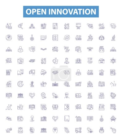 Illustration for Open innovation line icons, signs set. Collection of Open, Innovation, Collaboration, Sharing, Co Creation, Knowledge, Platforms, Exchange, Creative outline vector illustrations. - Royalty Free Image