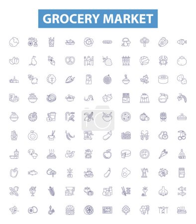 Illustration for Grocery market line icons, signs set. Collection of Groceries, Market, Supermarket, Shopping, Fruits, Vegetables, Dairy, Staples, Beverages outline vector illustrations. - Royalty Free Image