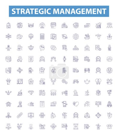 Illustration for Strategic management line icons, signs set. Collection of Planning, Executing, Reviewing, Strategy, Competitiveness, Vision, Decision Making, Goals, Prioritizing outline vector illustrations. - Royalty Free Image