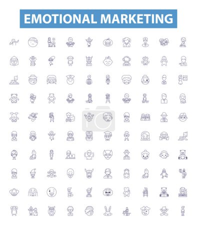 Illustration for Emotional marketing line icons, signs set. Collection of Engaging, Captivating, Intriguing, Inspirational, Endearing, Empathic, Resonant, Appealing, Touching outline vector illustrations. - Royalty Free Image