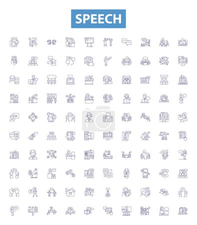 Illustration for Speech line icons, signs set. Collection of Speech, Oral, Address, Oratory, Talk, Lecture, Monologue, Discourse, Expression outline vector illustrations. - Royalty Free Image
