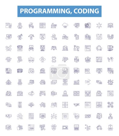 Programación, iconos de línea de codificación, signos establecidos. Colección de programación, codificación, software, desarrollo, lenguaje, algoritmo, lógica, sintaxis, ilustraciones vectoriales de contorno de funciones.